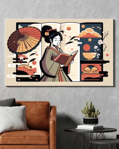 Illustration on the theme of traditional Japanese culture, symbols and objects.