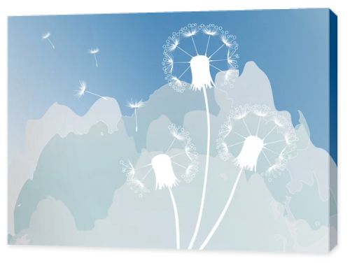 three white dandelions on sky background