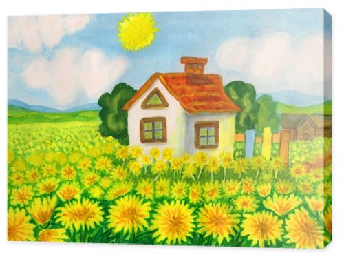 House with yellow dandelions