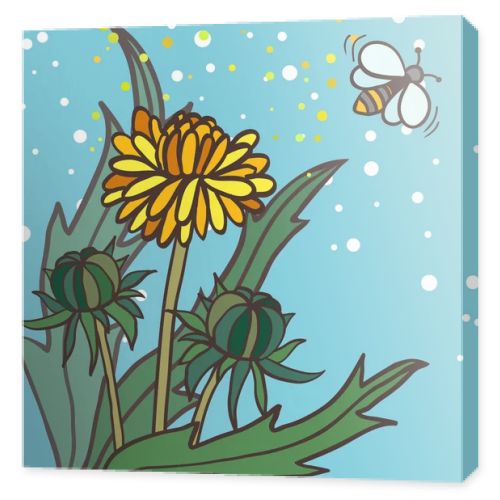 Illustration of three dandelions and bee
