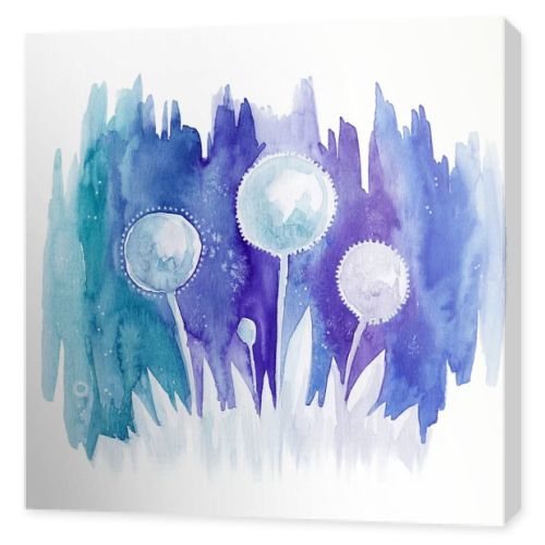 Watercolor blue background with drawing abstract flowers