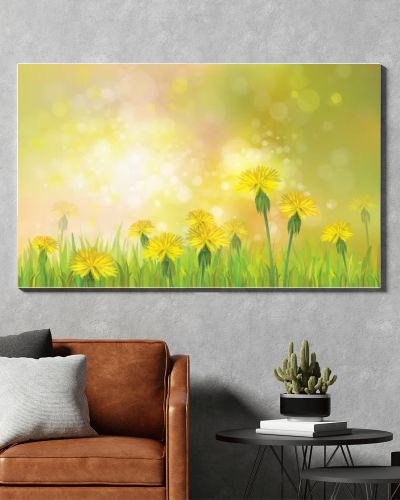 Spring background with yellow dandelions.