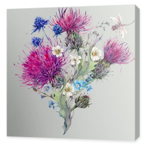 Summer watercolor natural bouquet with wild flowers