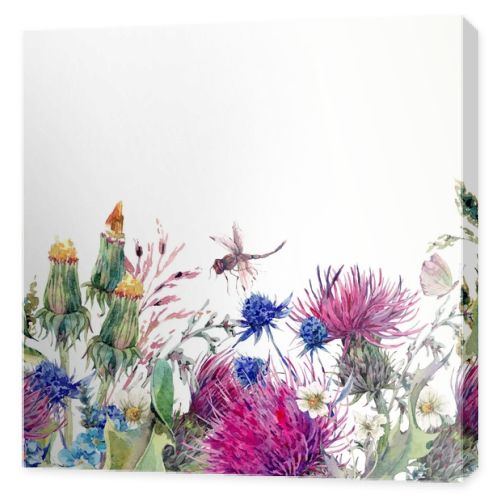 Summer watercolor seamless floral border with wild flowers