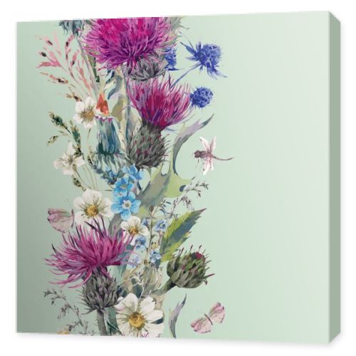 Vintage vertical herbal seamless border with Blooming Meadow Flo