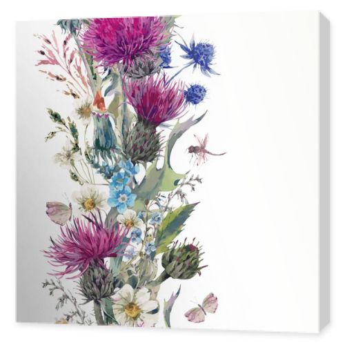 Vintage vertical herbal seamless border with Blooming Meadow Flo