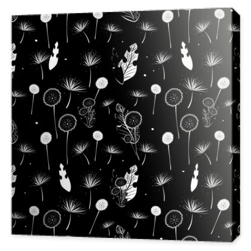 Seamless patterns. Dandelions, seeds and leaves on a black background. Contrast endless illustration.