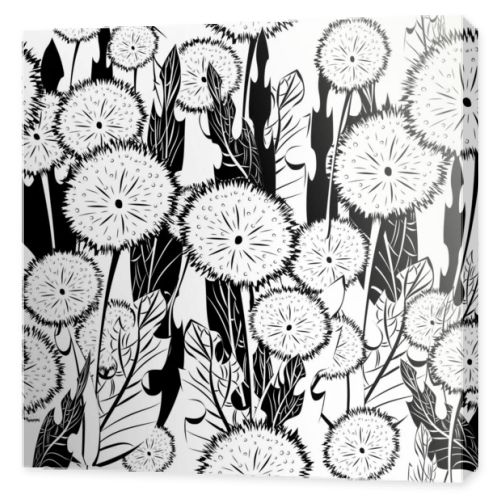 Seamless patterns. Fluffy large dandelions and leaves on a white background. Contrast endless illustration.