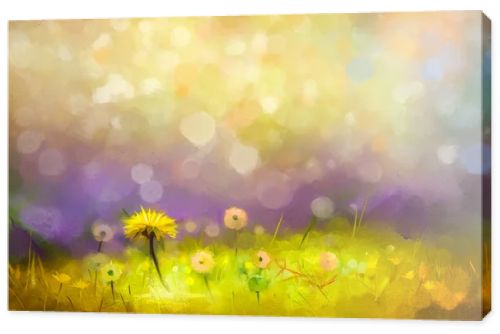 Oil painting nature grass flowers- yellow dandelions