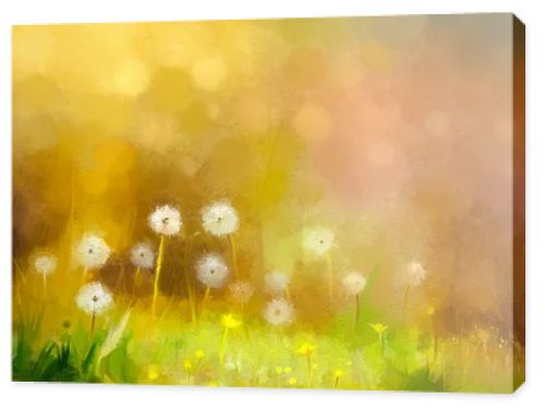 Oil painting nature grass - dandelions flowers