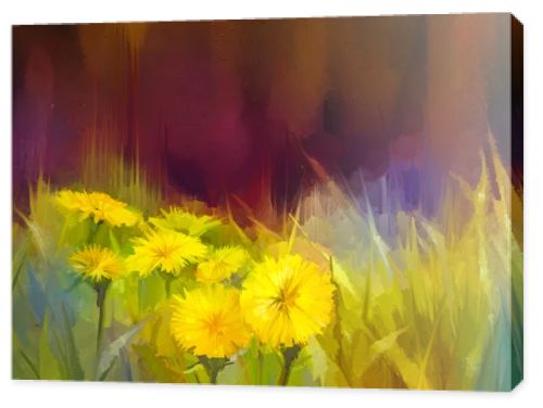 Oil painting nature grass flowers. Hand paint close up yellow dandelions, pastel floral and shallow depth of field.