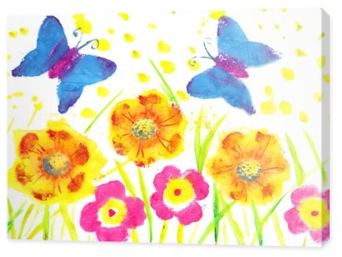 This artwork butterfly batik. Child drawing watercolor flowers, 