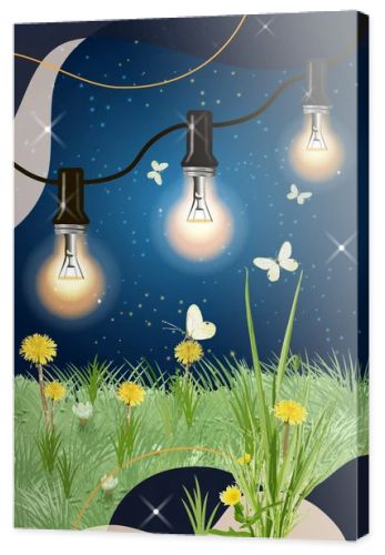 Print, light bulbs, garland, beautiful cover, summer, dandelions, shine, starry sky, butterflies, summer time