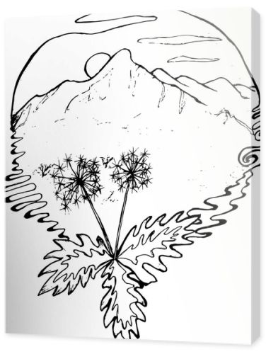 Black and white drawing of mountains, sun, clouds, dandelions in the foreground, in the style of a tattoo