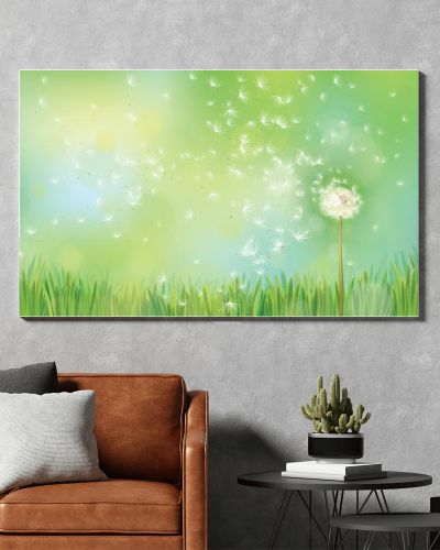 Vector illustration of dandelions in green grass on bokeh background.