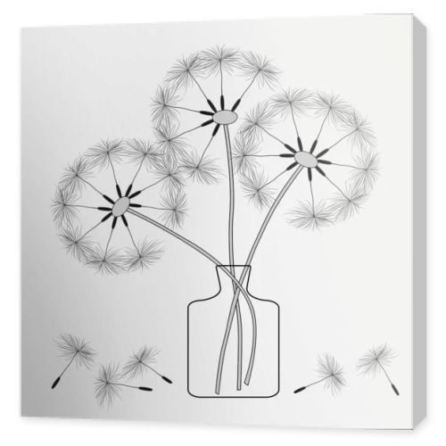 dandelions in a vase, vector image black and white