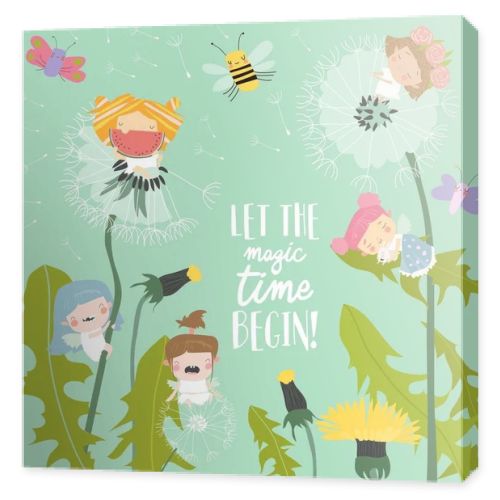 Cute little cartoon fairies flying above dandelions