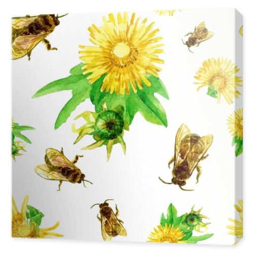 Seamless pattern of dandelions and bees in watercolor.