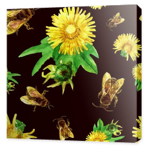 Seamless pattern of dandelions and bees in watercolor.