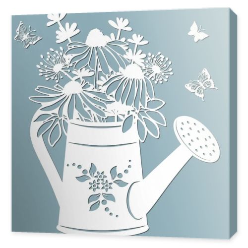 Echinacea, dandelions with Scheffler in a jar of water. watering can. Vector illustration. Paper flower, stickers. Laser cut. Template for Plotter. Pattern for the laser cut, serigraphy, plotter and screen printing