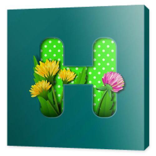 Letter H with paper summer wildflowers dandelions and clover. Style of paper craft. Vector illustration.Decoration origami element for birthday or greeting design