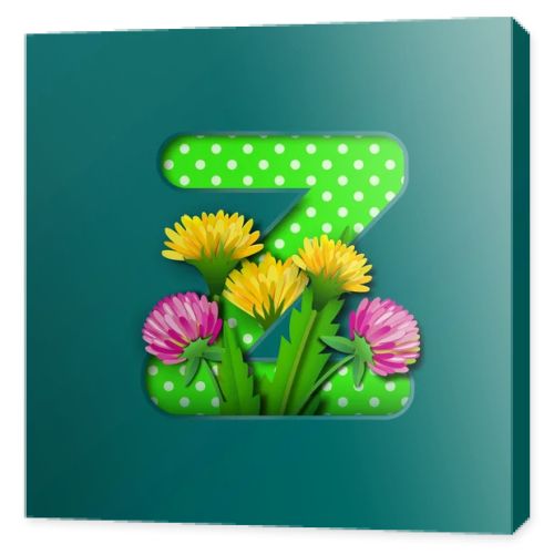 Letter Z with paper summer wildflowers dandelions and clover. Style of paper craft. Vector illustration.Decoration origami element for birthday or greeting design