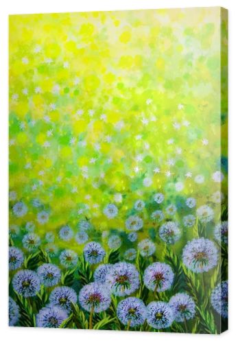 Background , watercolor drawing - a field with dandelions illuminated by the sun 