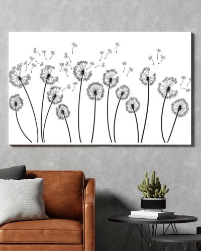 Dandelion wind blow background. Black silhouette with flying dandelion buds on white. Abstract flying seeds. Decorative graphics for printing. Floral scene design.