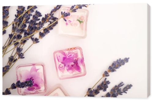 top view of frozen lavender flowers near twigs on white background