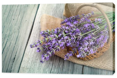 lavender flowers in a basket with burlap on the wooden backgroun