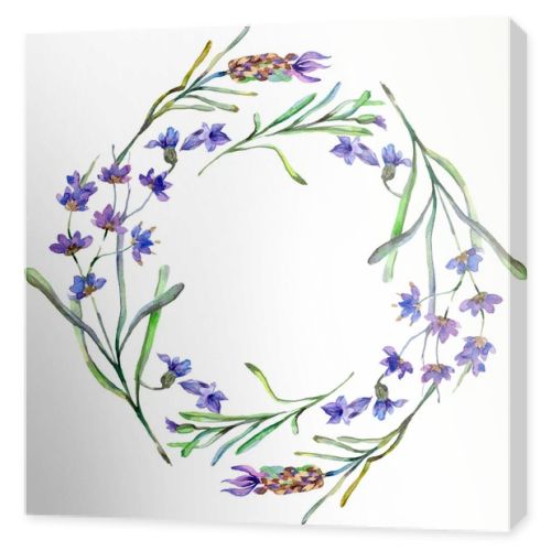 Purple lavender flowers. Spring wildflowers. Watercolor background illustration. Wreath frame border.