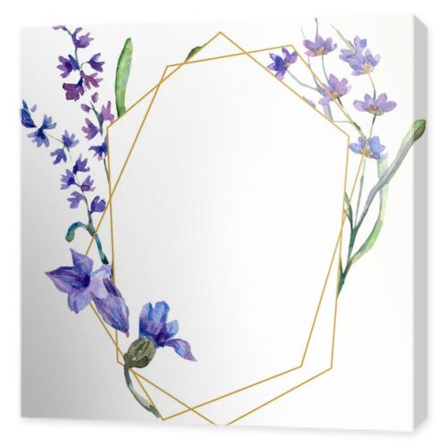 Purple lavender flowers. Watercolor background illustration. Frame border ornament. Gold crystal stone polyhedron mosaic shape amethyst gem.