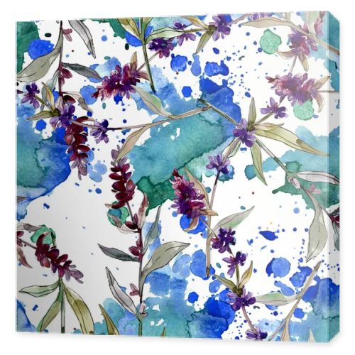 Purple lavender floral botanical flowers. Wild spring leaf wildflower. Watercolor illustration set. Watercolour drawing fashion aquarelle. Seamless background pattern. Fabric wallpaper print texture.