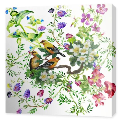 Tropical birds with on blooming tree
