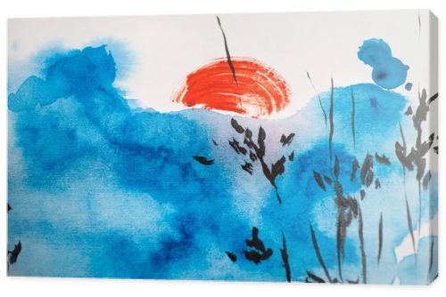 Japanese painting with blue sky, branches and sun on white