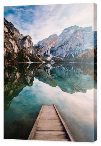 Amazing view of Lago di Braies (Pragser Wildsee), most beautiful lake in South Tirol, Dolomites mountains, Italy. Popular tourist attraction. Beautiful Europe.