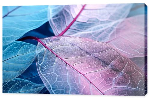 Macro leaves background texture blue, turquoise, pink color. Transparent leaves of the skeleton. generate Ai