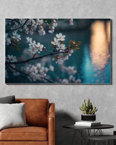 A closeup shot of blooming cherry blossom branches on a blue background