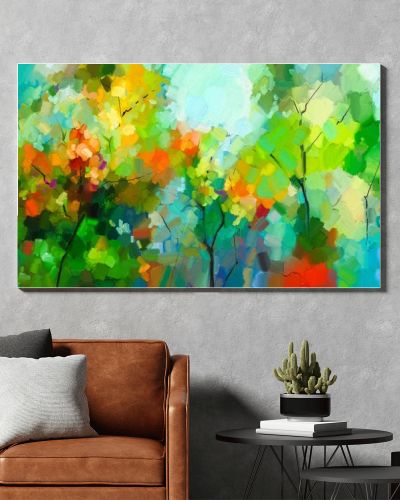 Abstract colorful oil painting landscape on canvas. Semi- abstract of tree in forest. Green and red leaves with blue sky.