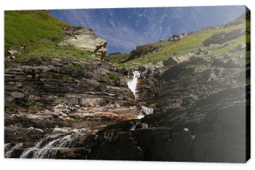beautiful waterfall on scenic rocks in Indian Himalayas, Rohtang Pass 