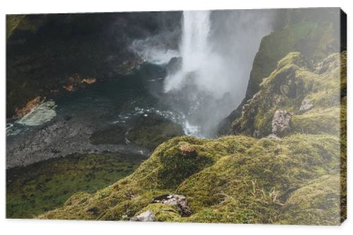 aerial view of Haifoss waterfall with green cliff on foreground, Iceland