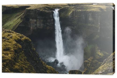 aerial view of icelandic landscape with beautiful Haifoss waterfall