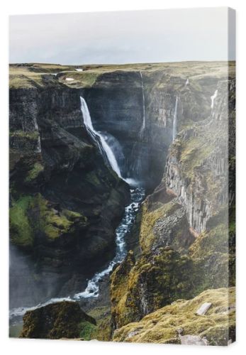 aerial view of icelandic landscape with Haifoss waterfall
