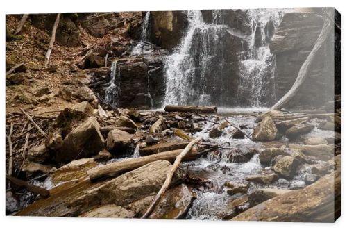 River stream waterfall in forest landscape. Tranquil waterfall scenery in the middle of green forest