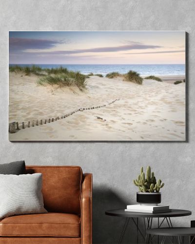 Grassy sand dunes landscape at sunrise