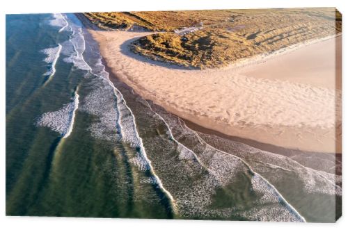 Aerial of the Beautiful Blue Flag Beach, Killahoey Strand near Dunfanaghy, Donegal, Ireland