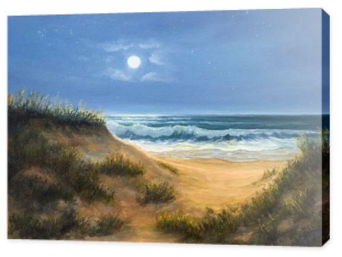 Original  oil painting of ocean beach dunes in the night.Moon and stars on canvas.Modern Impressionism, modernism,marinis