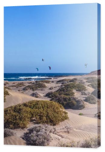 El Medano, Tenerife, Spain  March 1, 2026: Kite surfers riding the waves near sandy dunes of El Medano beach on a windy day. Colorful kites in the blue sky over the Atlantic Ocean, popular destination for water sports and windsurfing in the Canary