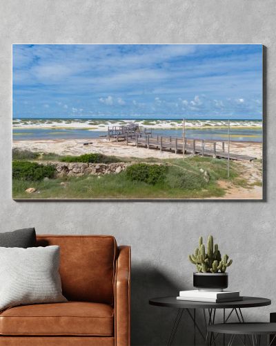 Coastal Wetland Landscape With Wooden Walkway And Sand Dunes in Mari Ermi Cabras