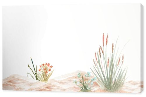 Sandy coastal dunes with wild grasses, flowers watercolor seamless landscape border. Hand painted composition isolated on white for botanical design, boho decor, coastal branding and summer layouts.
